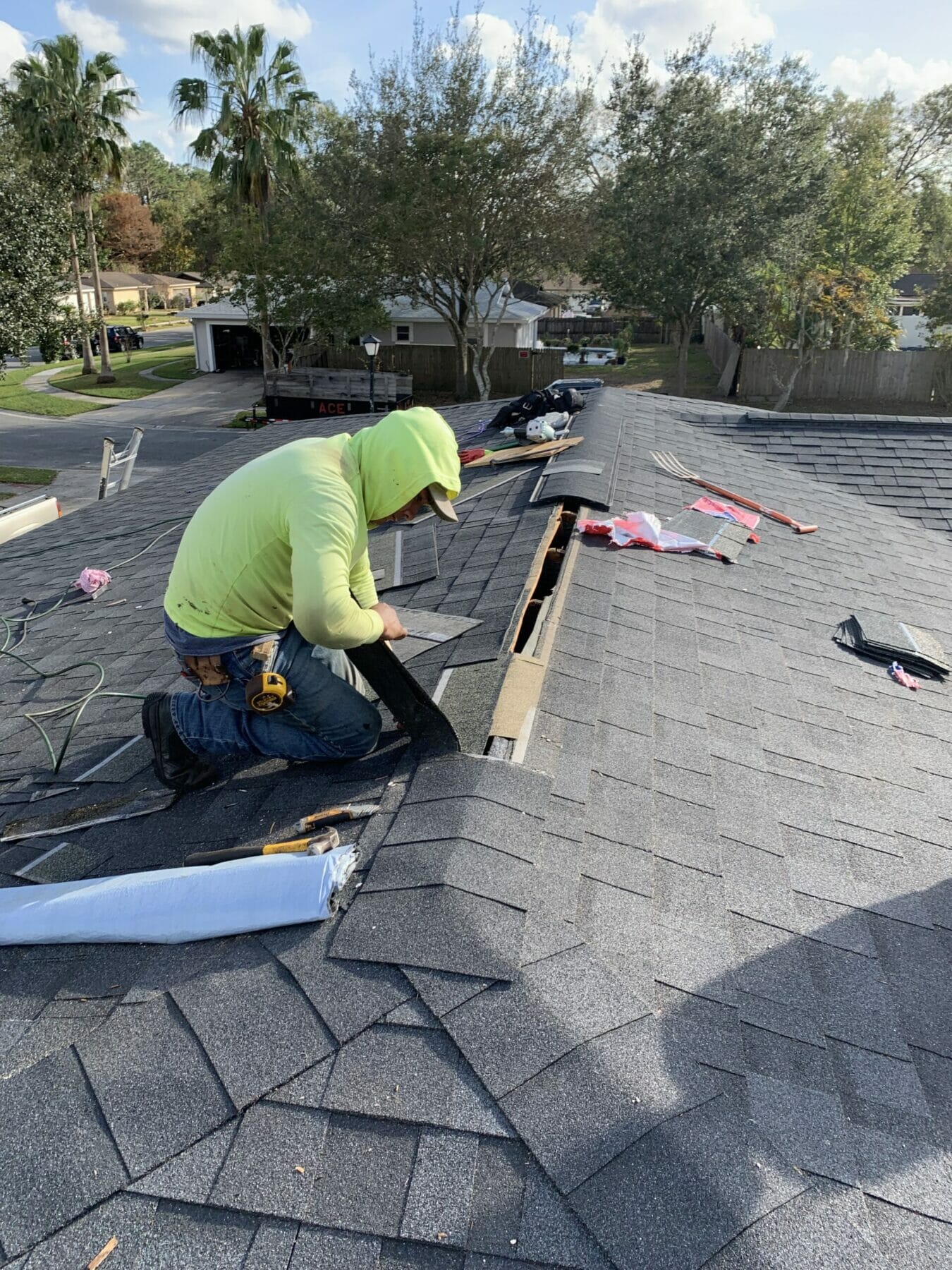 Roofing repair in progress